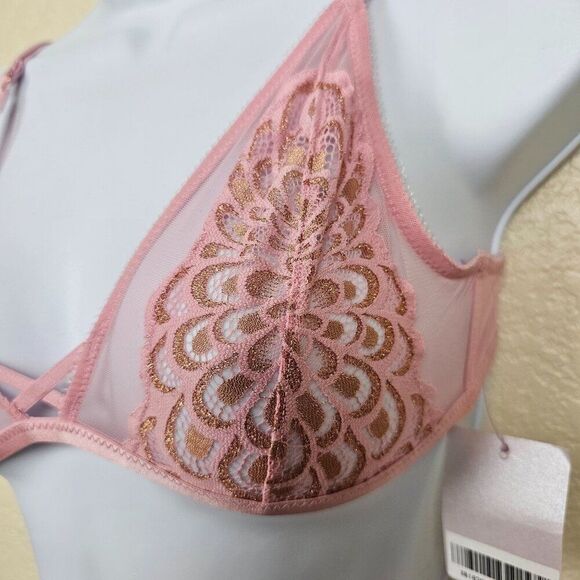 Savage X Fenty Bra Unlined Pink Metallic Gold Lace Mesh Wireless Women's S NWT - Picture 3 of 16